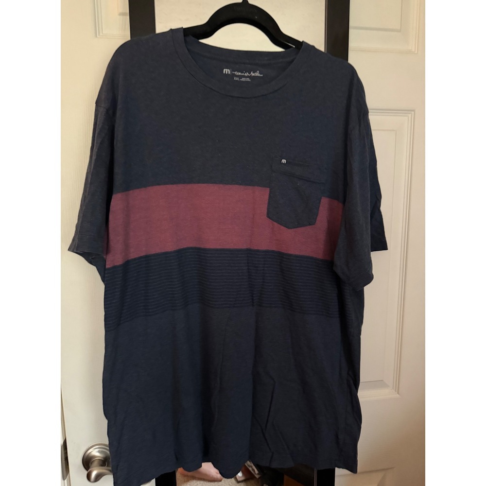 TravisMathew Mens XXL Navy Blue Heathered Pocket T-Shirt Burgundy Stripe